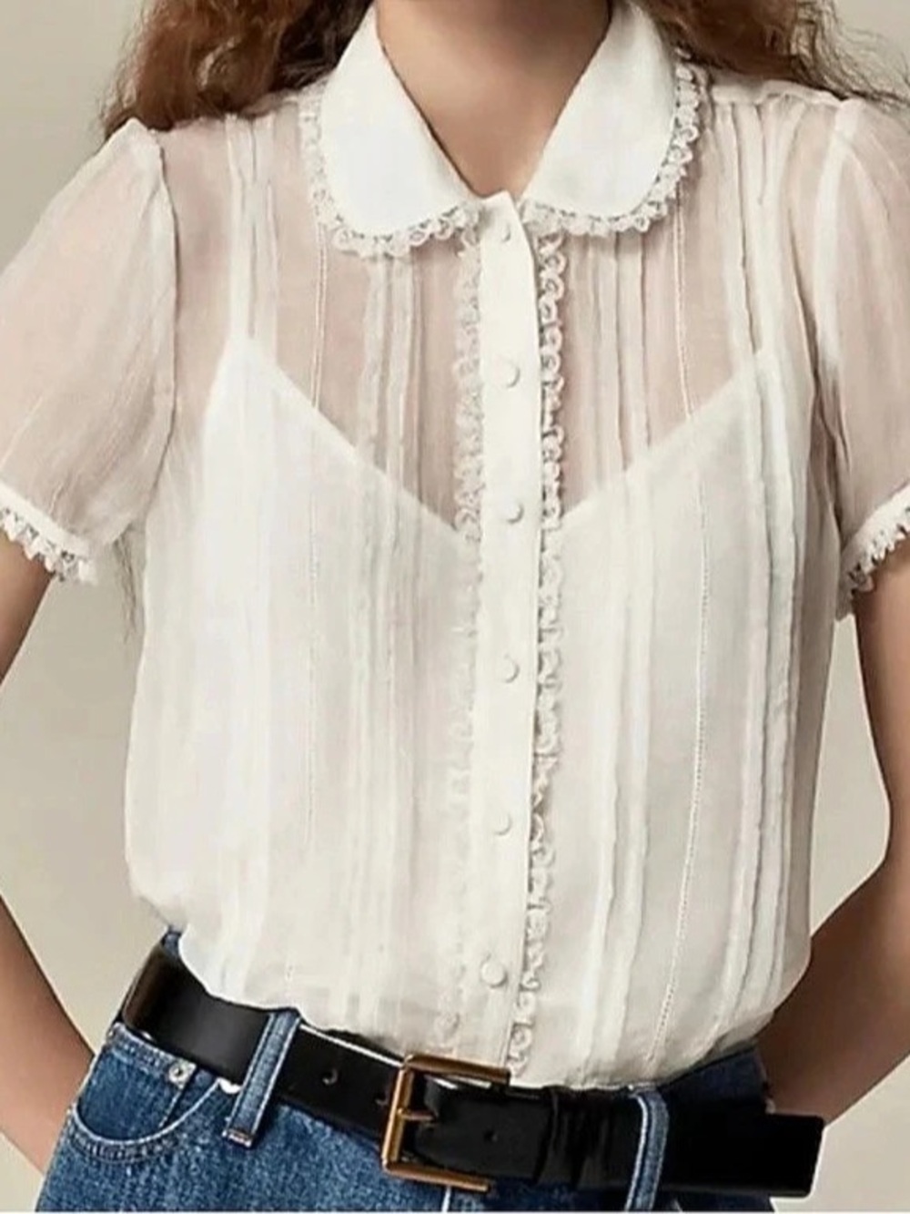 J.Crew - White  Lace-trim short-sleeve button-up top in cotton voile , size 6